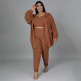 Plus Size Solid Color Long Sleeve Three Piece Pants Set NNWF-7966