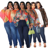 Plus Size Print Tie Up Chiffon Tops NNWF-N7848