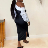 Plus Size Color Contrast Split Lantern Sleeve Midi Dress NY-10652