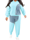 Plus Size Contrast Color Denim Patchwork Two Piece Pants Set GDAM-218325