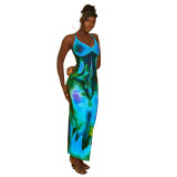 Sexy Print Backless Sling Maxi Dress MUE-8015