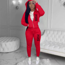 PINK Letter Print Hooded Solid Two Piece Pants Set XMF-332