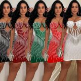 Solid Mesh Hot Rhinestone Halter Minit Dress BY-6753