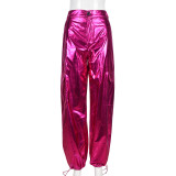 Bright Leather Zipper Drawstring Casual Pants GNZD-9598PD