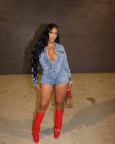 Fashion Lapel Short Sleeve Denim Romper MEM-88538