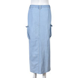 Fashion Denim Tassel High Split Skirt GNZD-9150DD
