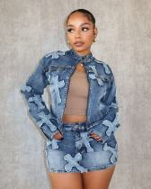 Denim Embroider Jackets And Skirt Two Piece Set MEM-88539