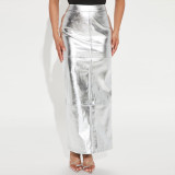 Patchwork Split PU Leather Half-body Skirt GFRT-7662