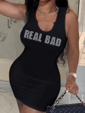 Black Letter Print Sleeveless Mini Dress GXJL-90124