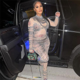 Fashion Mesh Print Mesh Tight Flare Jumpsuit XEF-38228