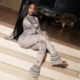 Fashion Mesh Print Mesh Tight Flare Jumpsuit XEF-38228