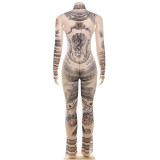 Fashion Mesh Print Mesh Tight Flare Jumpsuit XEF-38228