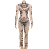 Fashion Mesh Print Mesh Tight Flare Jumpsuit XEF-38228