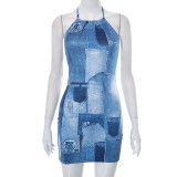 Print Halter Tie Up Backless Mini Dress GSZM-Q23DS210