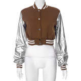Color Block Short PU Leather Baseball Coat GSZM-K23TP377