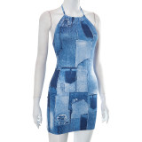 Print Halter Tie Up Backless Mini Dress GSZM-Q23DS210