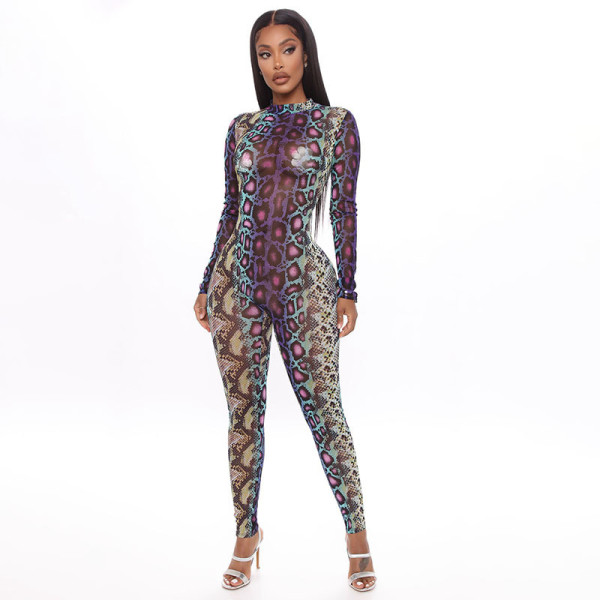 Snake Print Long Sleeve Sim Tight Jumpsuit GSZM-A20189J
