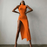 Solid Color O Neck Long Sleeve Split Maxi Dress BLG-D1B7226K
