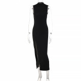 Solid Color O Neck Long Sleeve Split Maxi Dress BLG-D1B7226K