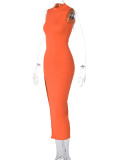 Solid Color O Neck Long Sleeve Split Maxi Dress BLG-D1B7226K
