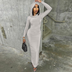 Slim Solid Color Backless Hooded Split Maxi Dress BLG-D3512950A