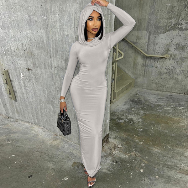 Slim Solid Color Backless Hooded Split Maxi Dress BLG-D3512950A