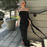 One Shoulder Pleated Solid Slim Long Dress BLG-D3412275A