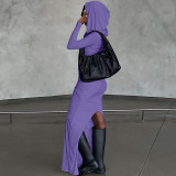 Slim Solid Color Backless Hooded Split Maxi Dress BLG-D3512950A