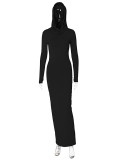 Slim Solid Color Backless Hooded Split Maxi Dress BLG-D3512950A