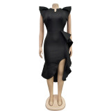 Fashion Solid Color Ruffle Irregular Dress(With Waist Belt) BY-6740
