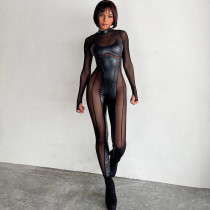 Fashion Splicing Mesh Back Zipper Jumpsuit BLG-P279530A