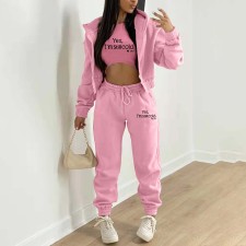 Fleece Sweatshirt Hooded Letter Print Three Piece Pants Set TK-6310