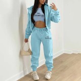 Fleece Sweatshirt Hooded Letter Print Three Piece Pants Set TK-6310