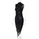 Solid Color Sleeveless Pleated Irregular Dress BLG-D2B11149K