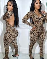 Leopard Print Backless Long Sleeve Jumpsuit OLYF-6139