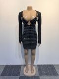 Hot Drill Sling Mini Dress And Mesh Tops 2 Piece Set NY-2979