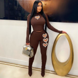 Heart Hot Drill Solid Color Set Two Piece Pants Set BN-9439