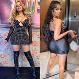 Hot Drill Sling Mini Dress And Mesh Tops 2 Piece Set NY-2979