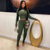 Heart Hot Drill Solid Color Set Two Piece Pants Set BN-9439