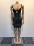 Hot Drill Sling Mini Dress And Mesh Tops 2 Piece Set NY-2979