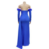 Long Sleeve Pleated Backless Split Maxi Dress BY-6797