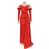 Long Sleeve Pleated Backless Split Maxi Dress BY-6797