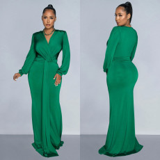 Long Sleeve V Neck Pleated Maxi Dress BY-6796