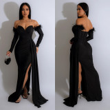 Long Sleeve Pleated Backless Split Maxi Dress BY-6797
