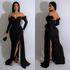 Long Sleeve Pleated Backless Split Maxi Dress BY-6797