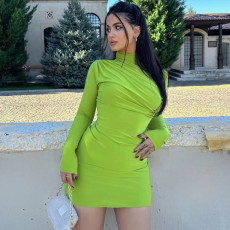 Solid Color Pleated Slim Mini Dress BLG-D3A14475A