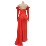 Long Sleeve Pleated Backless Split Maxi Dress BY-6797