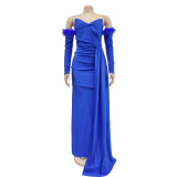 Long Sleeve Pleated Backless Split Maxi Dress BY-6797