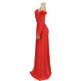 Long Sleeve Pleated Backless Split Maxi Dress BY-6797