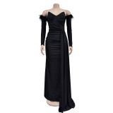 Long Sleeve Pleated Backless Split Maxi Dress BY-6797